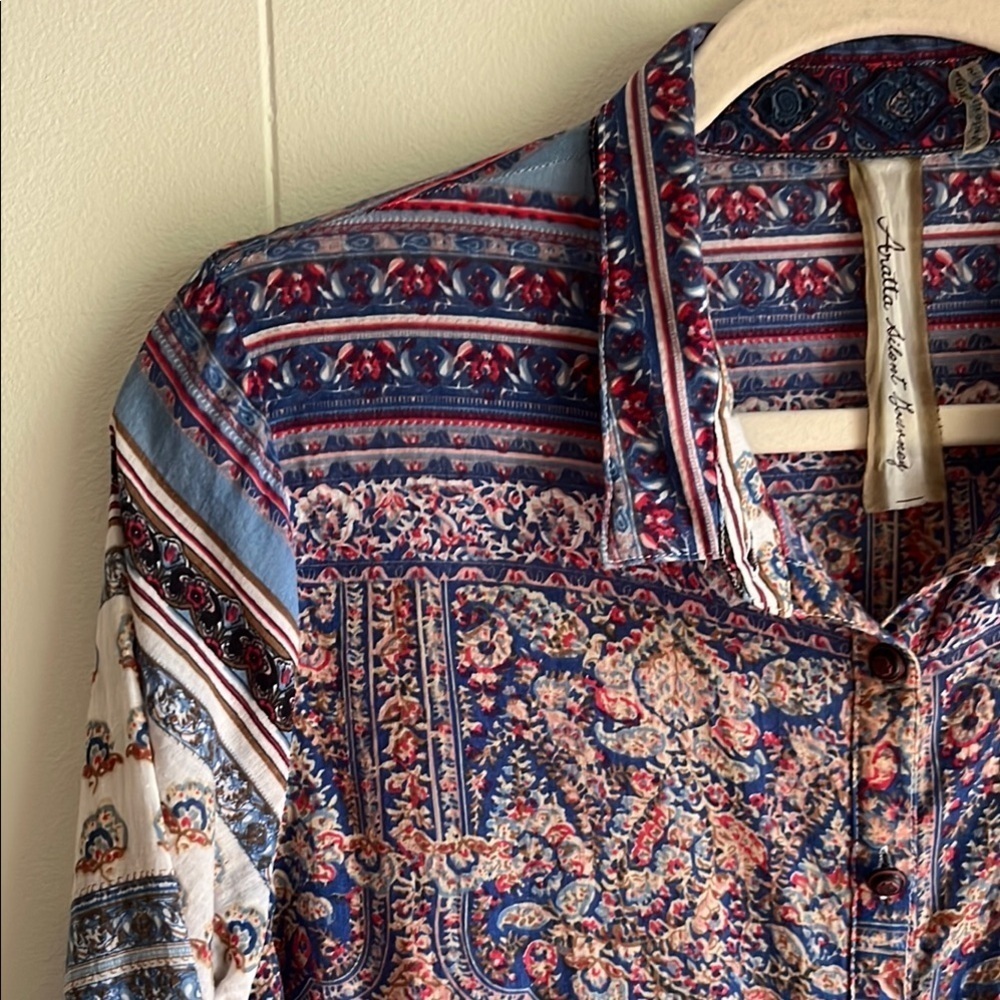 Aratta Silent Journey Blue, Red, Beige Boho Floral Beach Tunic Shirt Sz Sm - Picture 9 of 16